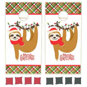 Sloth Merry Christmas Fun Modern Festive Tartan Cornhole Set