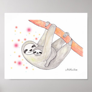 Sloth Mom and Baby Poster Unique Sloth Nursery Art