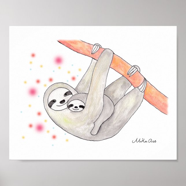 Sloth Mom and Baby Poster Unique Sloth Nursery Art (Front)