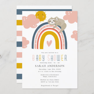 Sloth Mom & Baby with Happy Rainbow Baby Shower Invitation