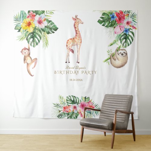 Sloth Monkey Floral Baby Shower Photo Booth Prop Tapestry