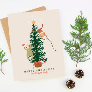 Sloth Monkey hanging from a Christmas Tree Holiday Card