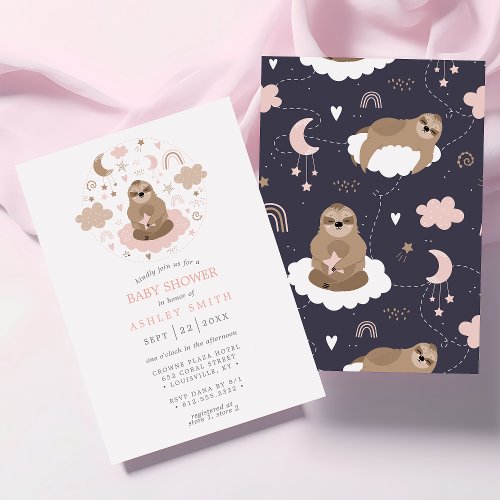 Sloth Moon Stars Pink Cute Girl Baby Shower Invitation