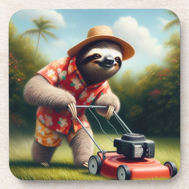 Sloth Mowing Lawn Beverage Coaster (Front)