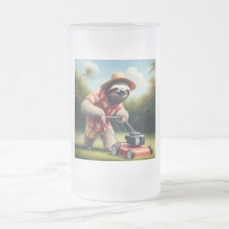 Sloth Mowing Lawn Frosted Glass Beer Mug
