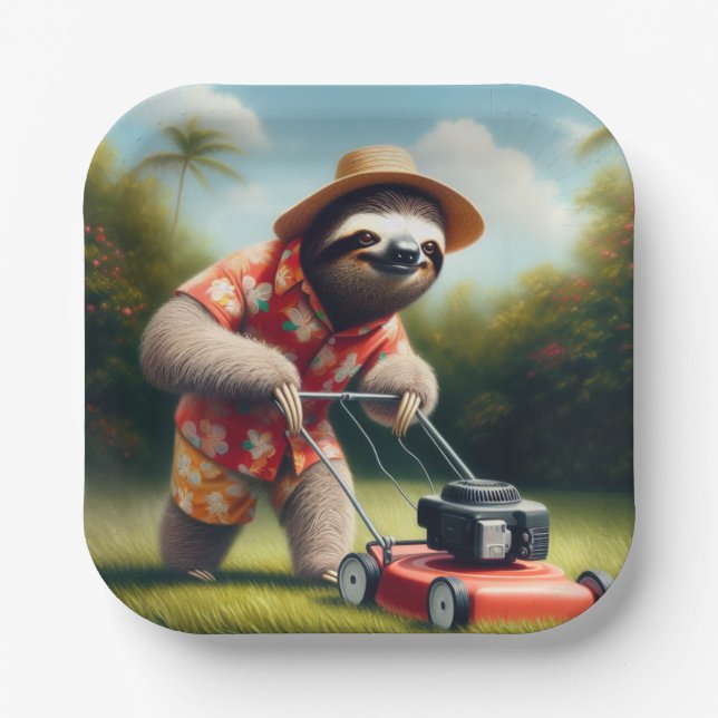 Sloth Mowing Lawn Paper Plates (Front)