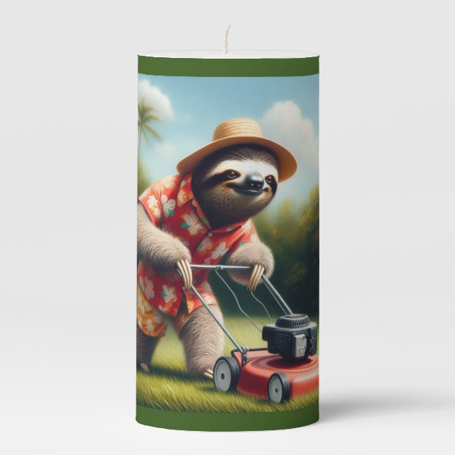Sloth Mowing Lawn Pillar Candle (Front)