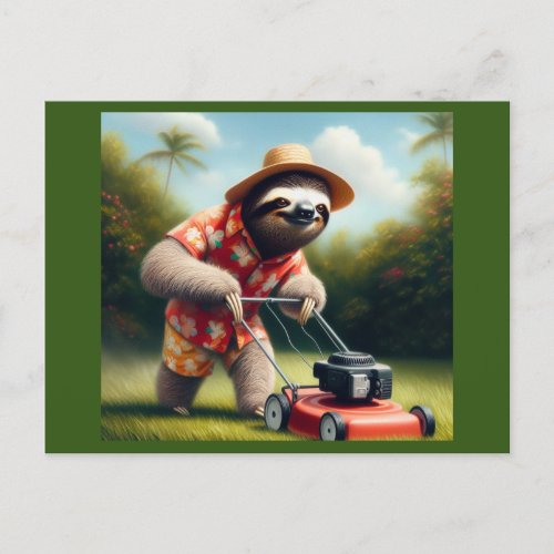Sloth Mowing Lawn Postcard