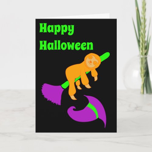 Sloth on a Witchs Broom Cute Custom Halloween Card