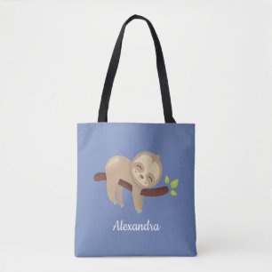 Sloth on Branch Kawaii Style Animal Blue Tote Bag