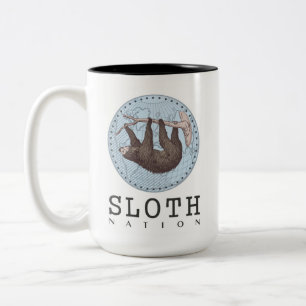 Sloth on Tree and Globe with Sloth Nation Text Two-Tone Coffee Mug
