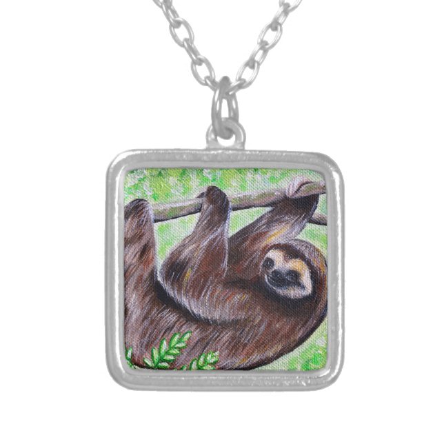 Sloth Painting Silver Plated Necklace (Front)
