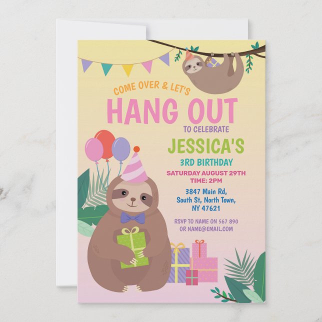 Sloth Party Birthday Cute Fun Pink Animals Invitation (Front)