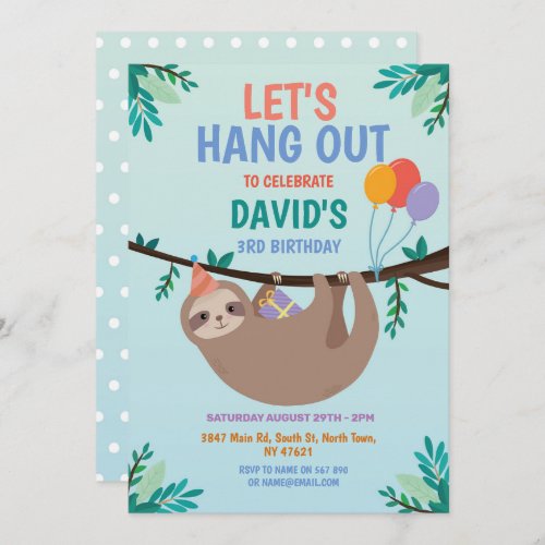 Sloth Party Birthday Lets Hang Out Blue Invitation