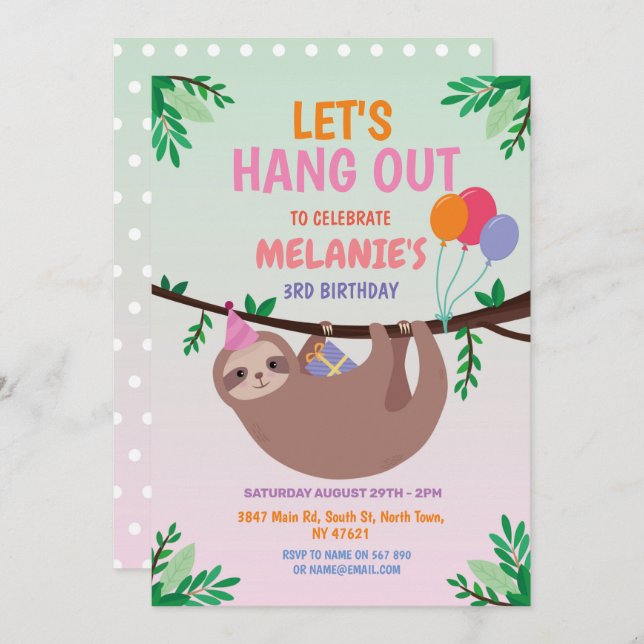Sloth Party Birthday Let's Hang Out Pink Invitation (Front/Back)