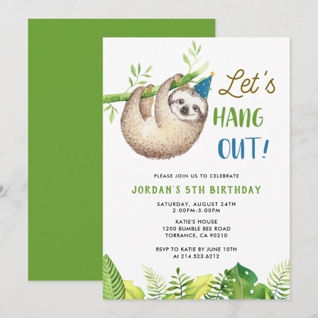 Sloth Party | Hanging Sloth Boy Birthday Party  Invitation (Front/Back)