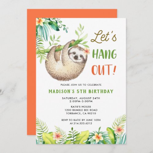 Sloth Party  Hanging Sloth Girl Birthday Party Invitation