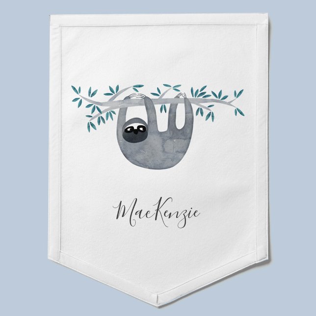 Sloth Personalized Pennant (Cute watercolor sloth personalized modern script font pennant)