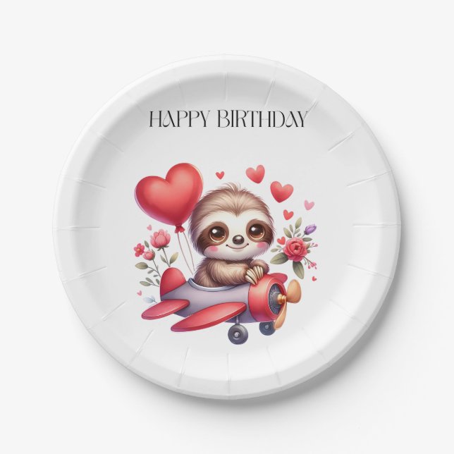 Sloth Pilot Birthday Paper Plates (Front)