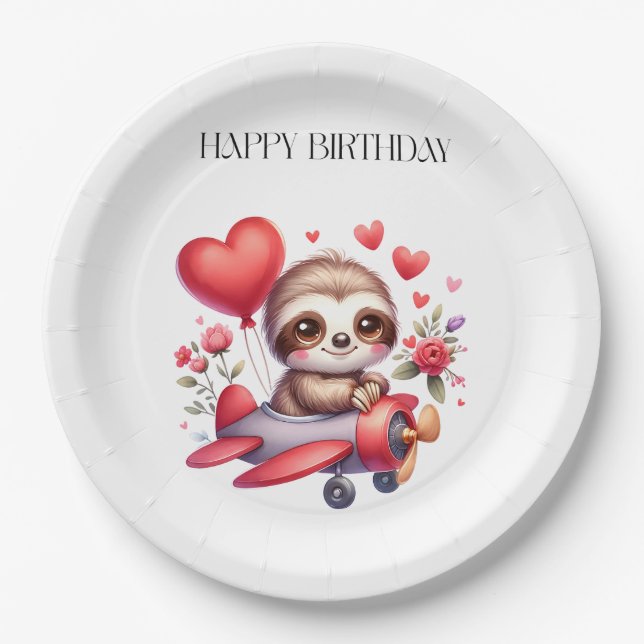Sloth Pilot Birthday Paper Plates (Front)