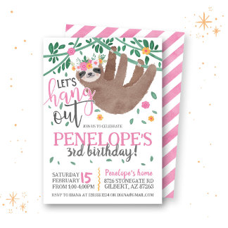 Sloth Pink Birthday Invitation