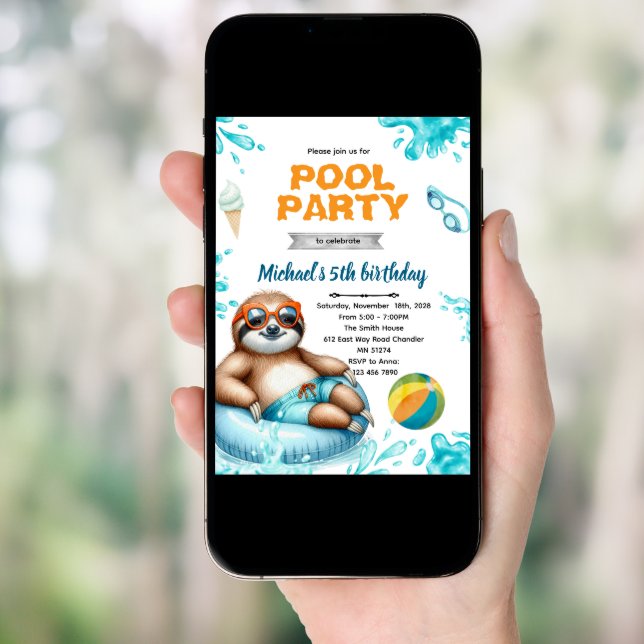 Sloth Pool Party Birthday Invite (Front Digital)