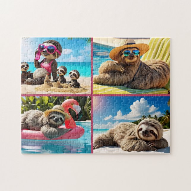 Sloth Pool Party Collage Funny Relaxation Beach Jigsaw Puzzle (Horizontal)