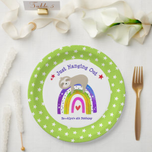 Sloth Rainbow Birthday Green Kawaii Cute Boho Paper Plates