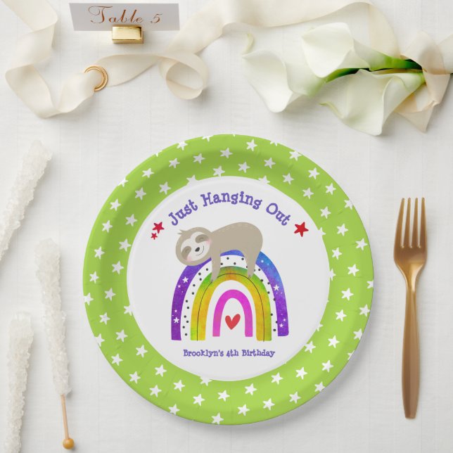 Sloth Rainbow Birthday Green Kawaii Cute Boho Paper Plates (Wedding)