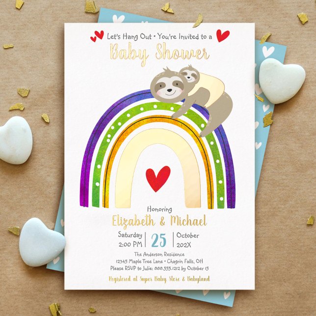Sloth Rainbow Heart Boy Baby Shower Cute Real Gold Foil Invitation (Creator Uploaded)