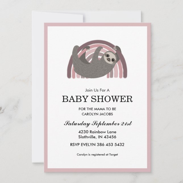 Sloth Rainbow Mauve Baby Girl Baby Shower Invitation (Front)