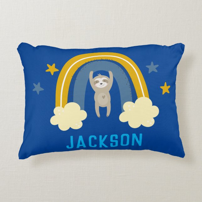 Sloth Rainbow Navy Blue Personalise Name Accent Pillow (Front)
