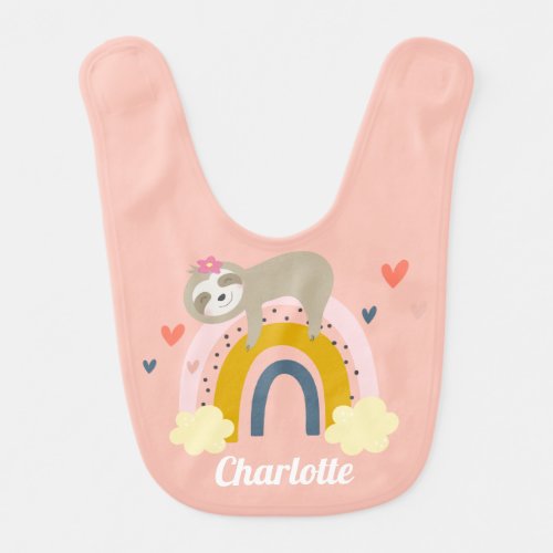 Sloth Rainbow Pink Personalise Name Girl Baby Bib