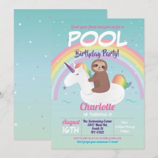 Sloth Rainbow Pool Party Birthday Unicorn Float Invitation