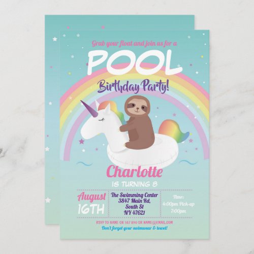 Sloth Rainbow Pool Party Birthday Unicorn Float Invitation