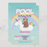 Sloth Rainbow Pool Party Birthday Unicorn Float Invitation