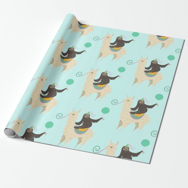 Sloth Riding Llama Birthday Wrapping Paper (Unrolled)