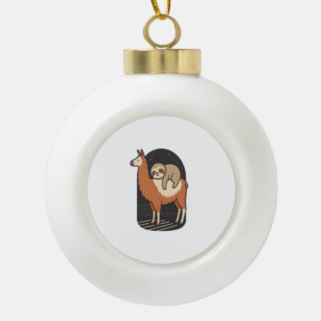 Sloth Riding Llama Ceramic Ball Christmas Ornament (Front)