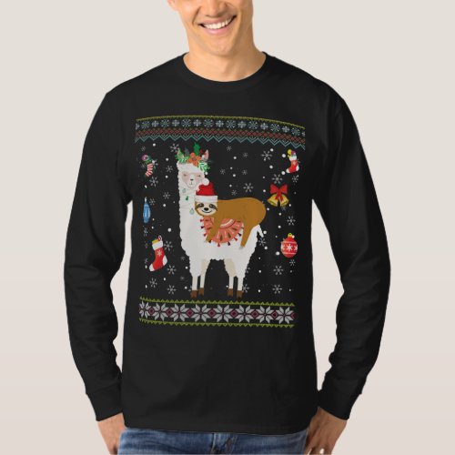 Sloth Riding Llama Christmas Scarf Santa Hat Ugly  T_Shirt