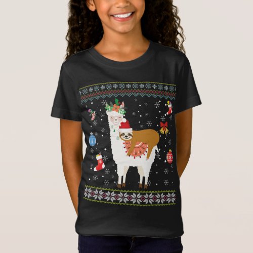 Sloth Riding Llama Christmas Scarf Santa Hat Ugly  T_Shirt