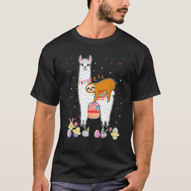 Sloth Riding Llama Eggspert Easter Egg Hunt T-Shirt (Front)