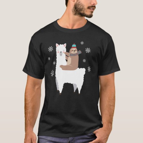Sloth Riding Llama Funny Christmas Scarf Santa Hat T_Shirt