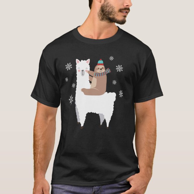 Sloth Riding Llama Funny Christmas Scarf Santa Hat T-Shirt (Front)