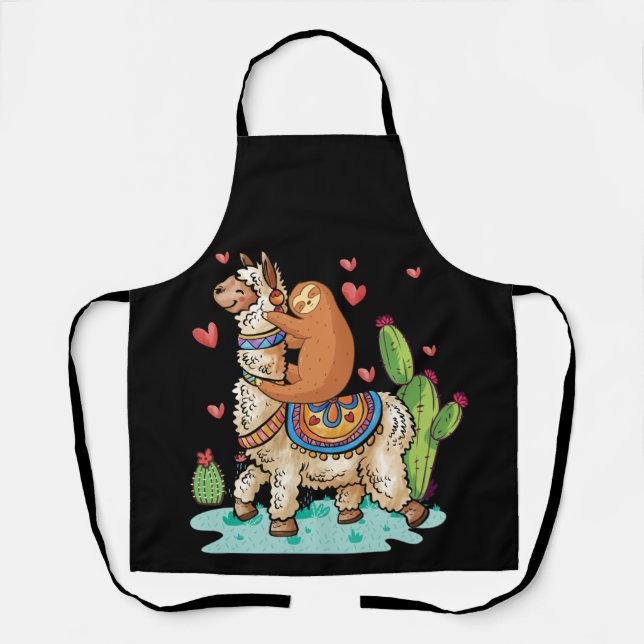 Sloth Riding Llama Funny Valentines Day Apron (Front)