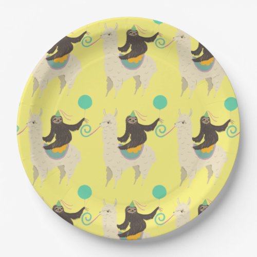 Sloth Riding Llama Yellow Birthday Paper Plates