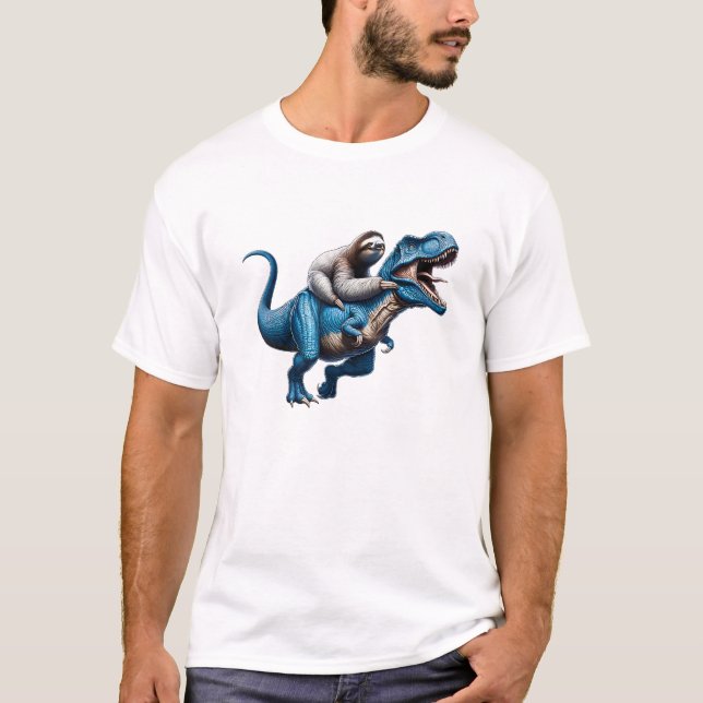 Sloth Riding T-Rex Dinosaur Lover T-Shirt (Front)