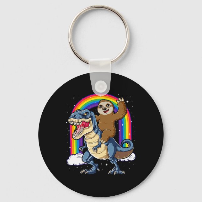 Sloth Riding T-rex Dinosaur Rainbow Funny Animals  Keychain (Front)