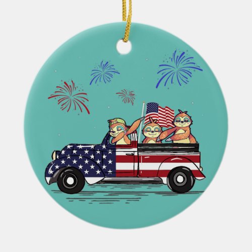 Sloth Riding Truck American Flag Fireworks Funny Ceramic Ornament