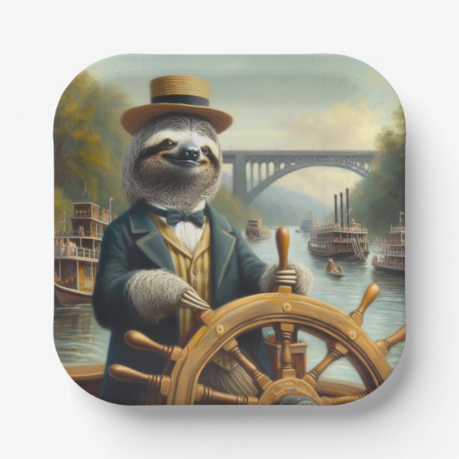 Sloth Riverboat Captain Paper Plates (Front)