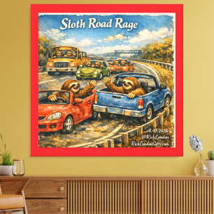 Sloth Road Rage – Rockwell‑Inspired Watercolor Car Canvas Print